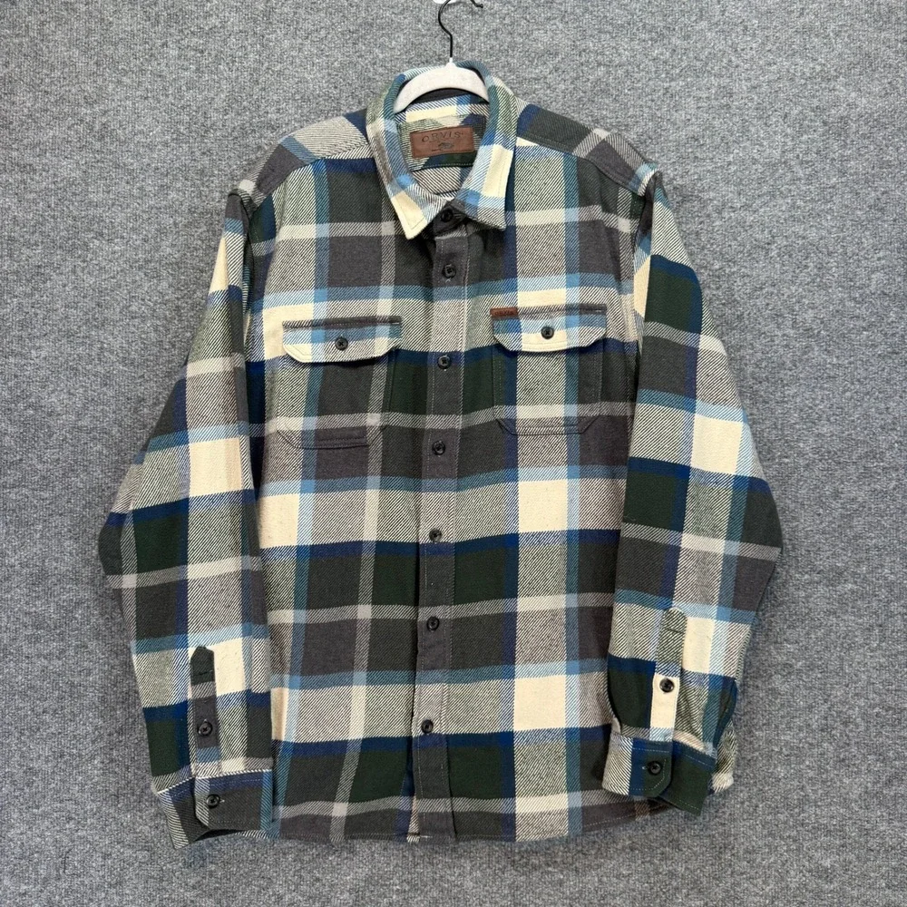 Orvis Flannel Shirt‎ Jacket Mens XXL Blue Green Fleece Lined Plaid Shacket Heavy